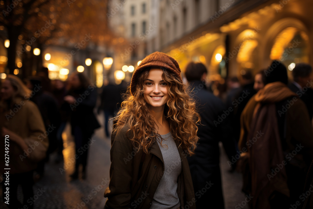Young beautiful woman portrait, tourist in casual clothes is sightseeing on the street of european city in autumn, travel and tourism concept Young beautiful woman portrait, tourist in casual clothes is sightseeing on the street of european city in autumn, travel and tourism concept