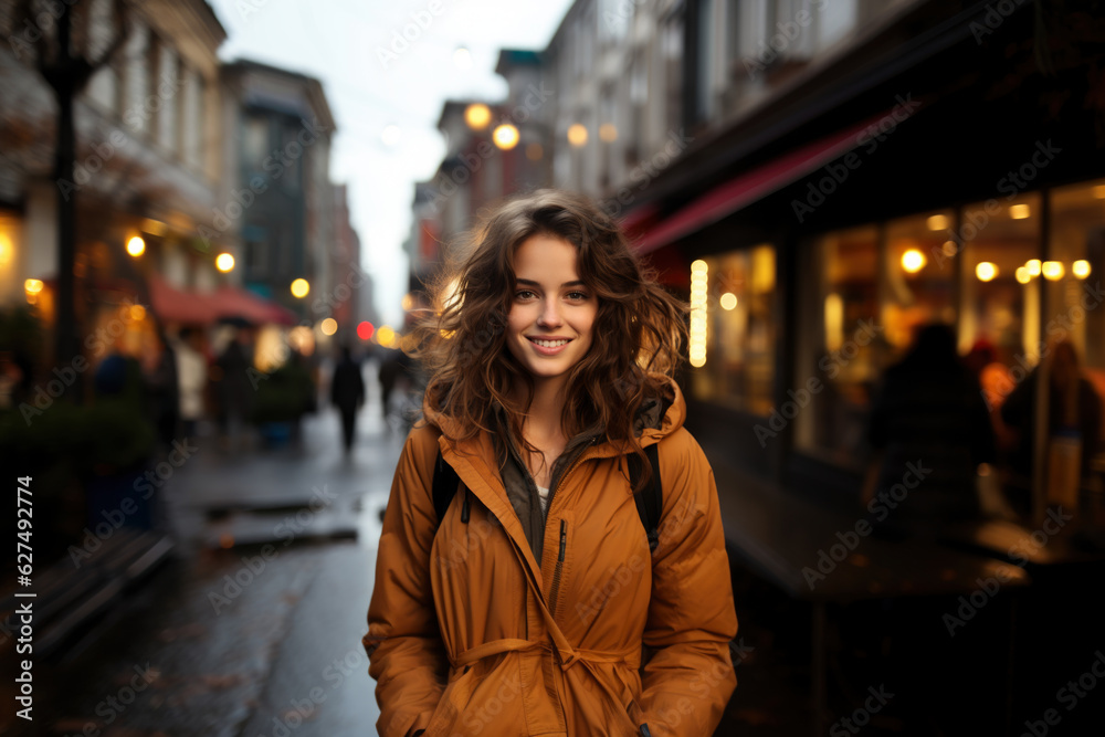 Young beautiful woman portrait, tourist in casual clothes is sightseeing on the street of european city in autumn, travel and tourism concept