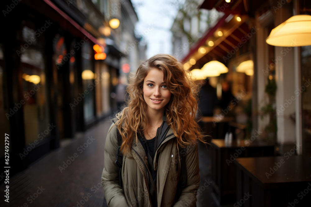 Young beautiful woman portrait, tourist in casual clothes is sightseeing on the street of european city in autumn, travel and tourism concept