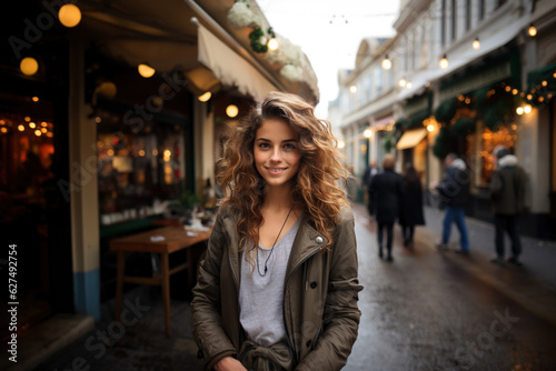 Young beautiful woman portrait, tourist in casual clothes is sightseeing on the street of european city in autumn, travel and tourism concept