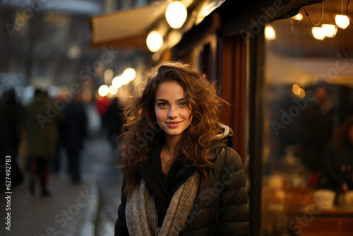 Young beautiful woman portrait, tourist in casual clothes is sightseeing on the street of european city in autumn, travel and tourism concept