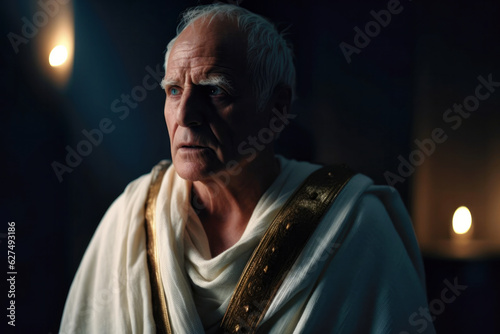 Close-up portrait of Roman woman wearing a simple tunic in atrium (Generative AI)