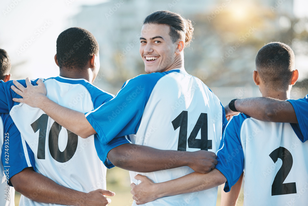 Start, teamwork or portrait of soccer player on field for training, challenge and championship game. Happy man, back or group of sports people in football stadium for solidarity, support or fitness Start, teamwork or portrait of soccer player on field for training, challenge and championship game. Happy man, back or group of sports people in football stadium for solidarity, support or fitness