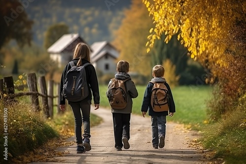 Back To school in autumn. Back view of children with backpacks going to school on a countryside road | Generative AI