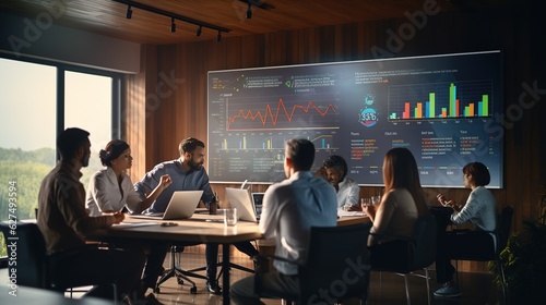 Business team collaboration discussing working analyzing with financial data and marketing growth report graph in team, presentation and brainstorming to strategy planning making with generative ai 