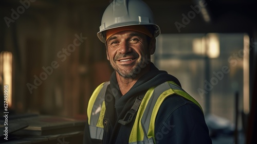 caucasian bearded construction worker with safety helmet on head in vest standing with arms crossed at construction site With generative ai