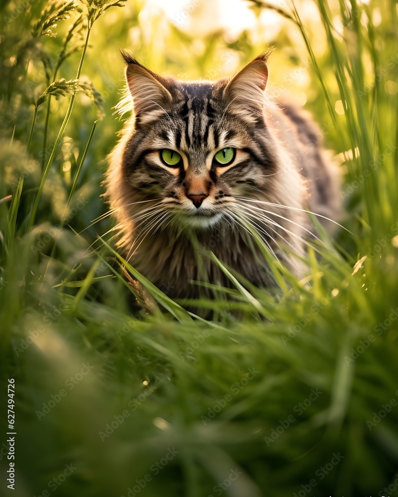 Stalking maince coon cat in high grass, Generative ai