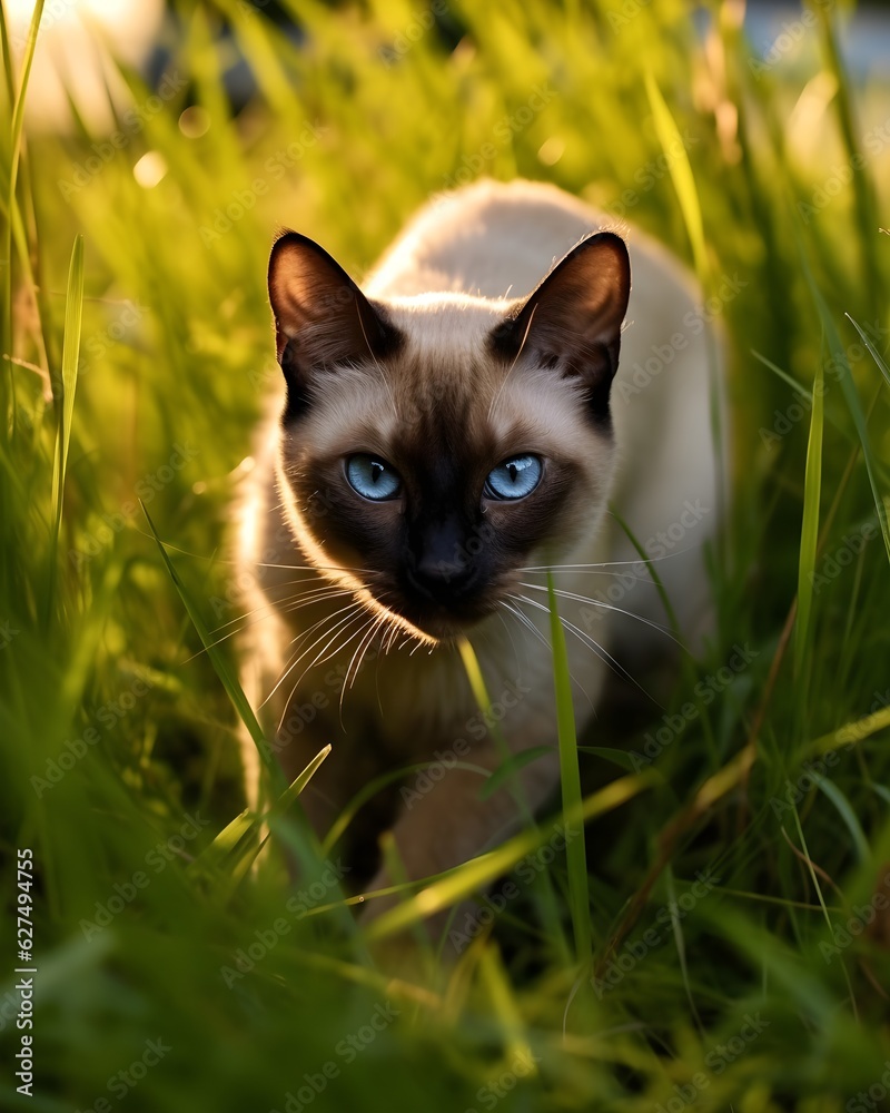 Stalking siamese cat in high grass, Generative ai