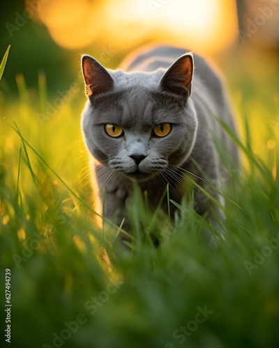Stalking chartreux cat in high grass, Generative ai