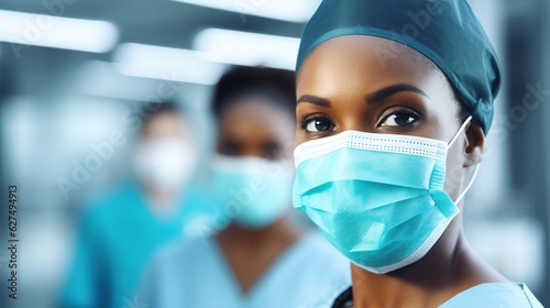medicine and pandemic concept - close up of african american female doctor or scientist in protective mask over medical workers at hospital with generative ai 