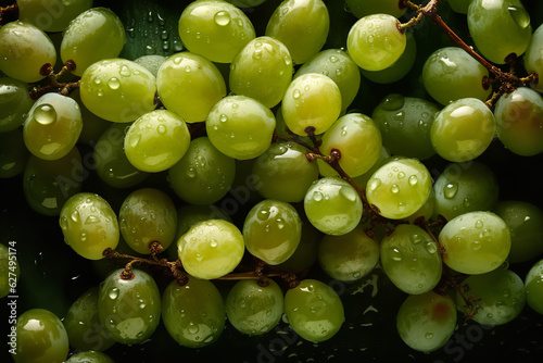 Fresh Green Grapes with Droplets of Water, Top-View Close-Up Background