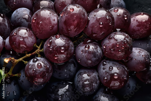 Fresh Red Grapes with Droplets of Water, Top-View Close-Up Background