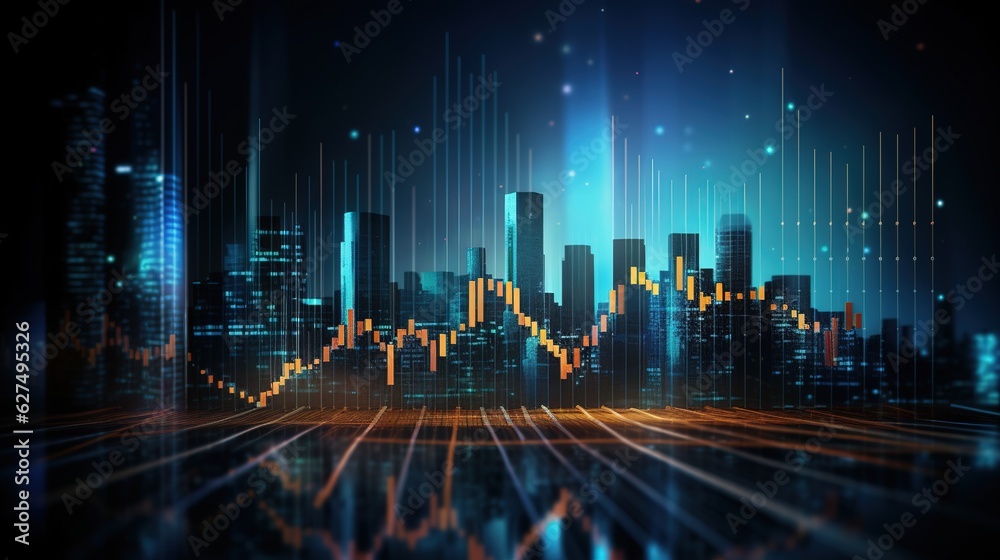 Business growth currency stock and investment economy, Futuristic arrow chart digital transformation abstract technology Indicator financial with buildings background, generative ai