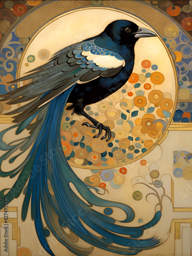 Decorative art nouveau illustration of a magpie in profile in an ornate floral frame background