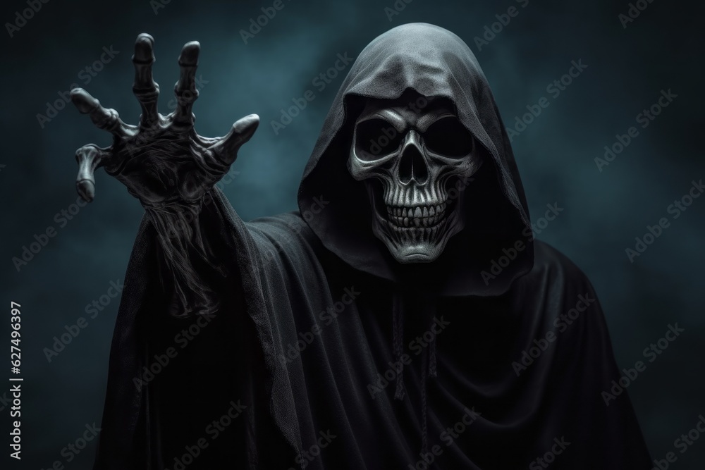 Death or Grim reaper reaches out to the person and approaches. The concept of fears and phobias. Halloween concept. Death or Grim reaper reaches out to the person and approaches. The concept of fears and phobias. Halloween concept.