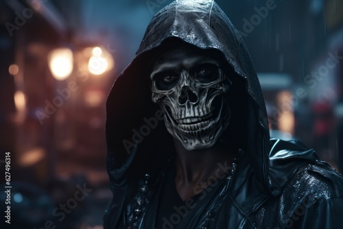 The image of Death or Grim reaper walks around the city. Halloween concept. Background with selective focus