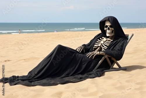 The image of Death or Grim reaper is sunbathing on the beach. Halloween concept. Background with selective focus