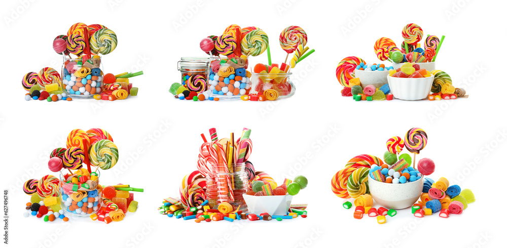 Collage with different sweet candies isolated on white