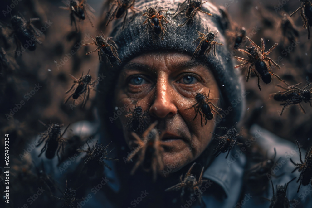 Man with entomophobia (fear of insects) is surrounded by several insects (Generative AI)