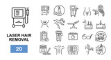 Laser hair removal icons. Laser epilation line icons. 20 hair removal icons. Vector illustration