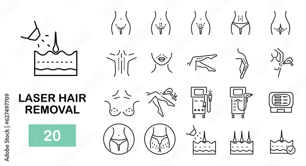 Naklejka premium Laser hair removal icons. Laser epilation line icons. Zone, figure, part. 20 hair removal icons. Vector illustration