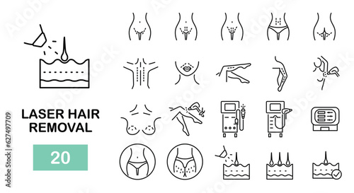 Laser hair removal icons. Laser epilation line icons. Zone, figure, part. 20 hair removal icons. Vector illustration