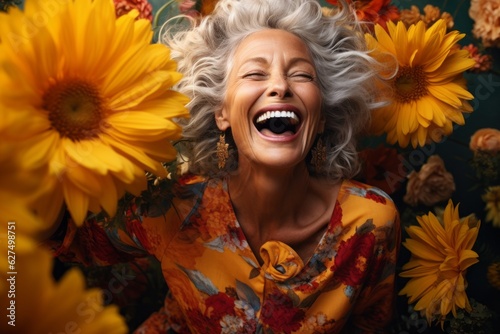 Happy old woman in sunflowers. Portrait with selective focus and copy space