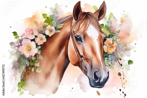 Watercolor illustration of brown horse on a farm surrounded by flowers and splashes of watercolor paint on a white background , generative AI