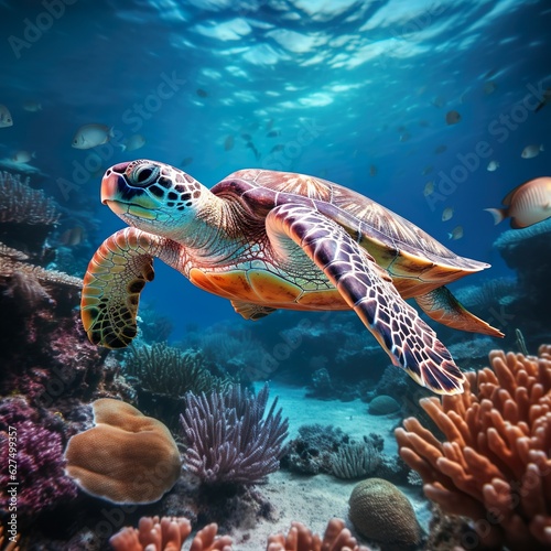 Sea turtle swims under water on the background