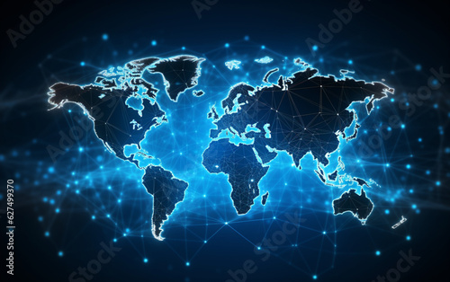 Digital world map hologram blue background
