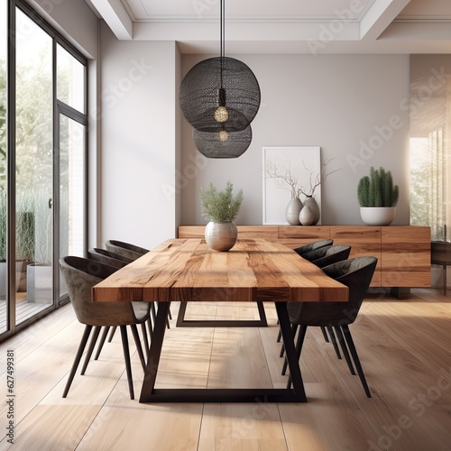 Stylish interior of dining room with design craft wooden