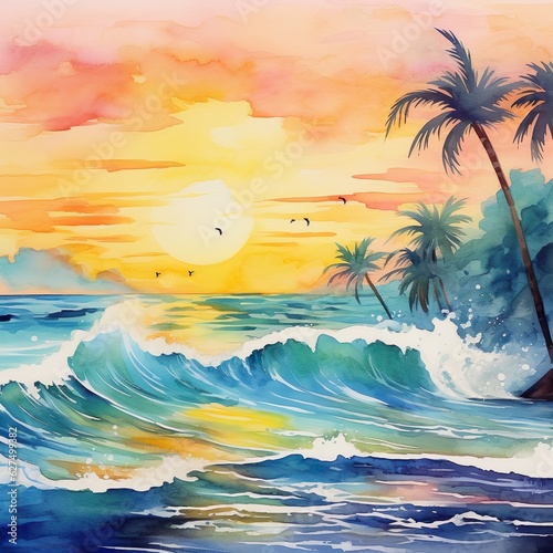 Summer tropical background with sea waves palms sky