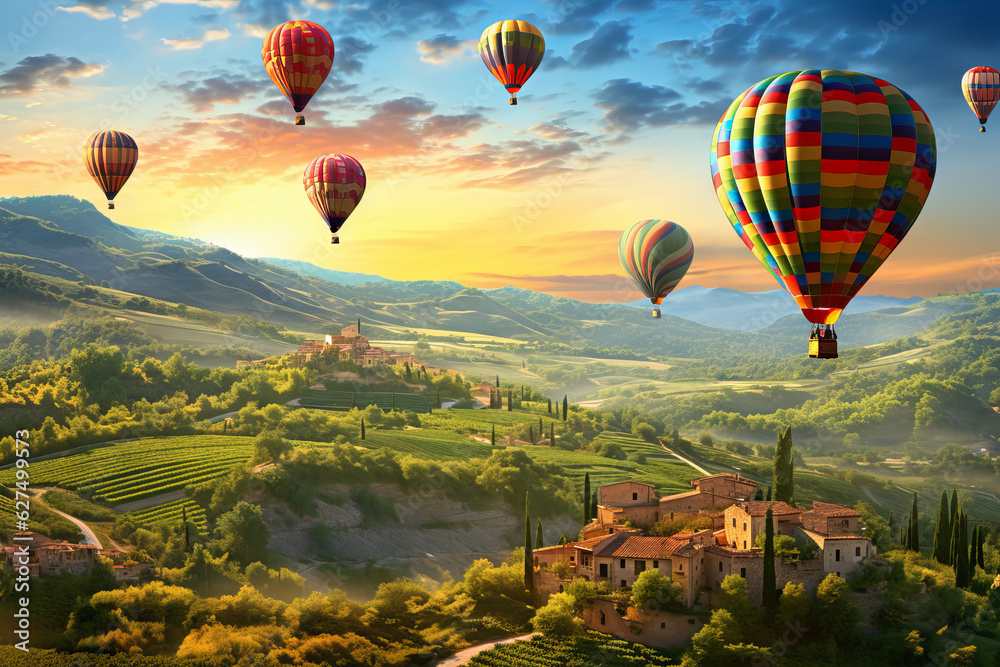Obraz premium A group of hot air balloons hovering over beautiful landscape