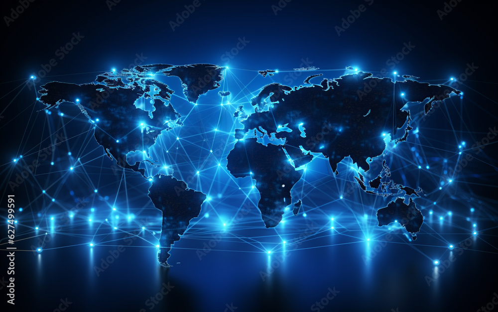 Digital world map hologram blue background Digital world map hologram blue background