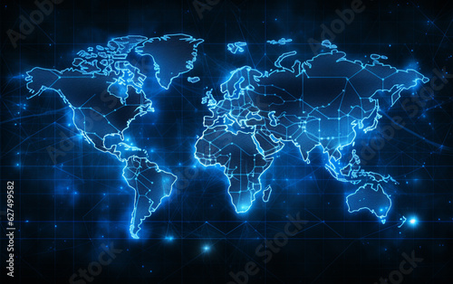 Digital world map hologram blue background