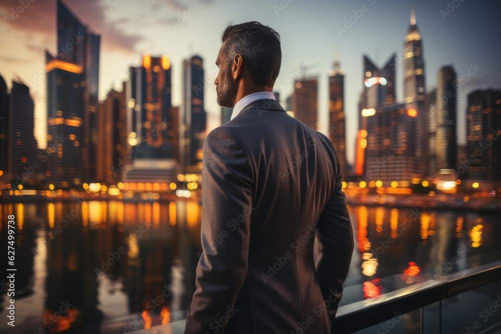 A confident Arab businessman in a tailored suit, standing against a modern city skyline, exuding success and ambition. Generative Ai A confident Arab businessman in a tailored suit, standing against a modern city skyline, exuding success and ambition. Generative Ai