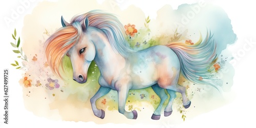 Watercolor illustration of colorful unicorn on a farm surrounded by flowers and splashes of watercolor paint on a white background , generative AI