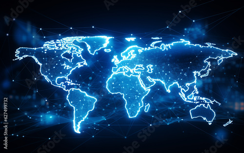 Digital world map hologram blue background