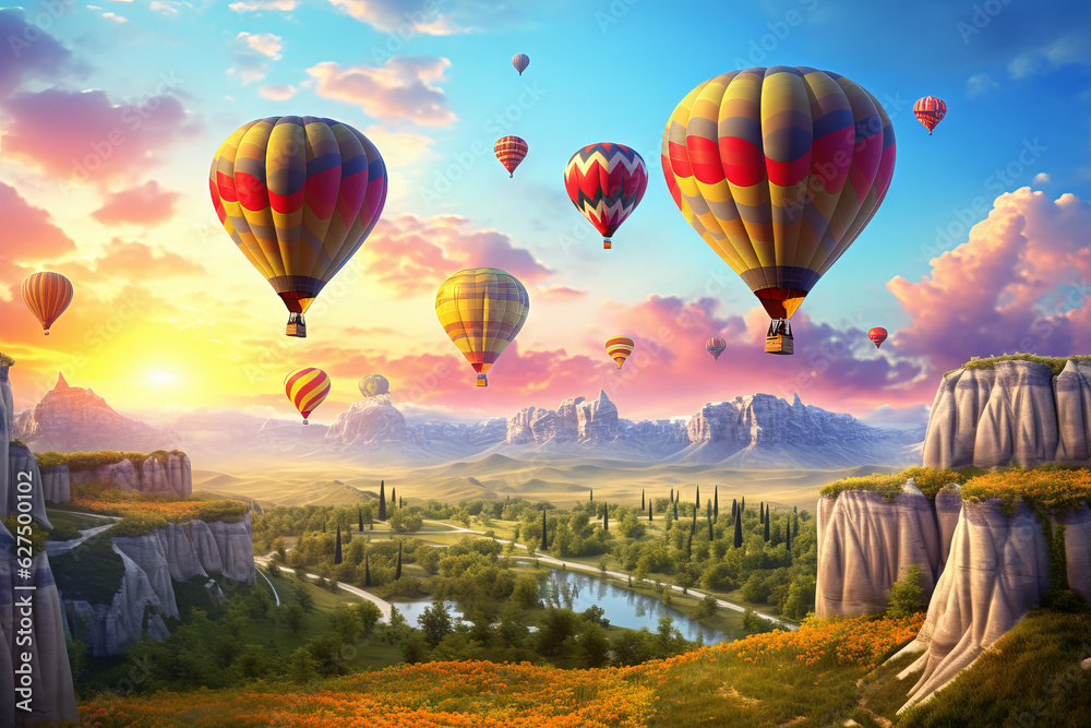 Obraz premium A group of hot air balloons hovering over beautiful landscape