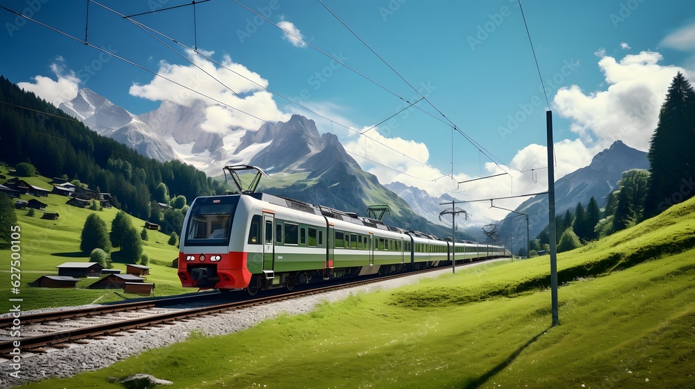 Scenic Mountain Switzerland Train Journey Through Nature, Train journeys through stunning mountain landscape on a sunny day.