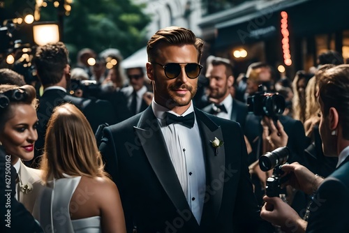 A fictional male movie star at an awards ceremony with paparazzi surrounding him.