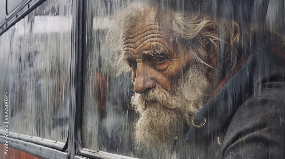 A weathered face stares out from the glass windows of a bus the furrowed brow suggesting resilience and will augmented by a lifetime .