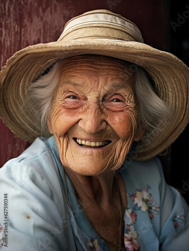 A joyful elderly woman sits park bench wearing a wide brimmed hat her smile crinkling the edges of her ling eyes