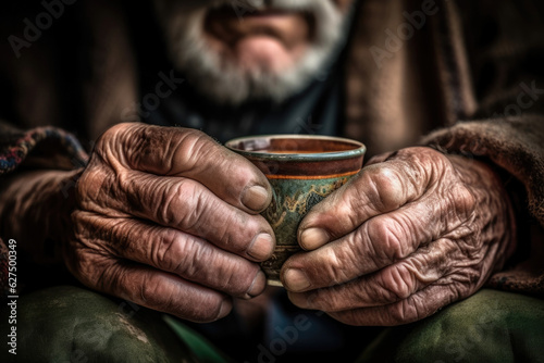 An aged man wraps his wrinkled hands around a hot cup of tea providing comfort and warmth to those in need of a compassionate listening .