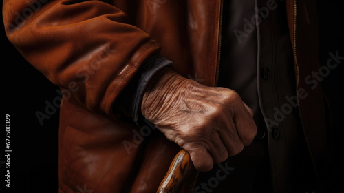 An elderly man with a gentle smile his leathery hands gripping a walking stick which symbolises his enduring strength and dependability