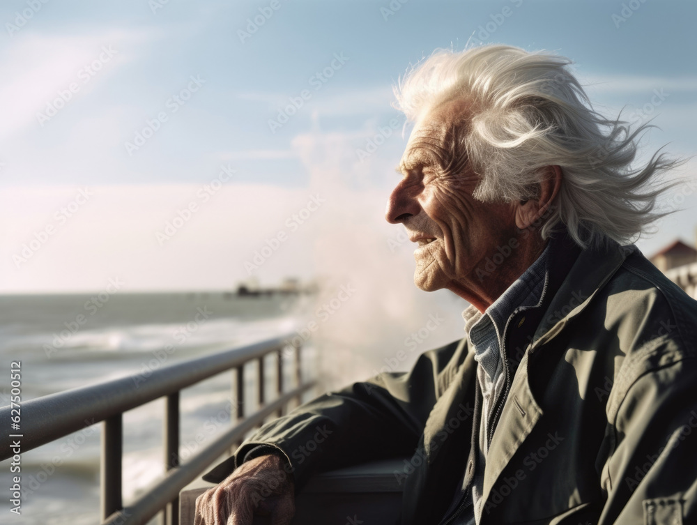 A smiling elderly gentleman rests against the stone railing of a seaside boardwalk the wind playing through his thinning white hair .
