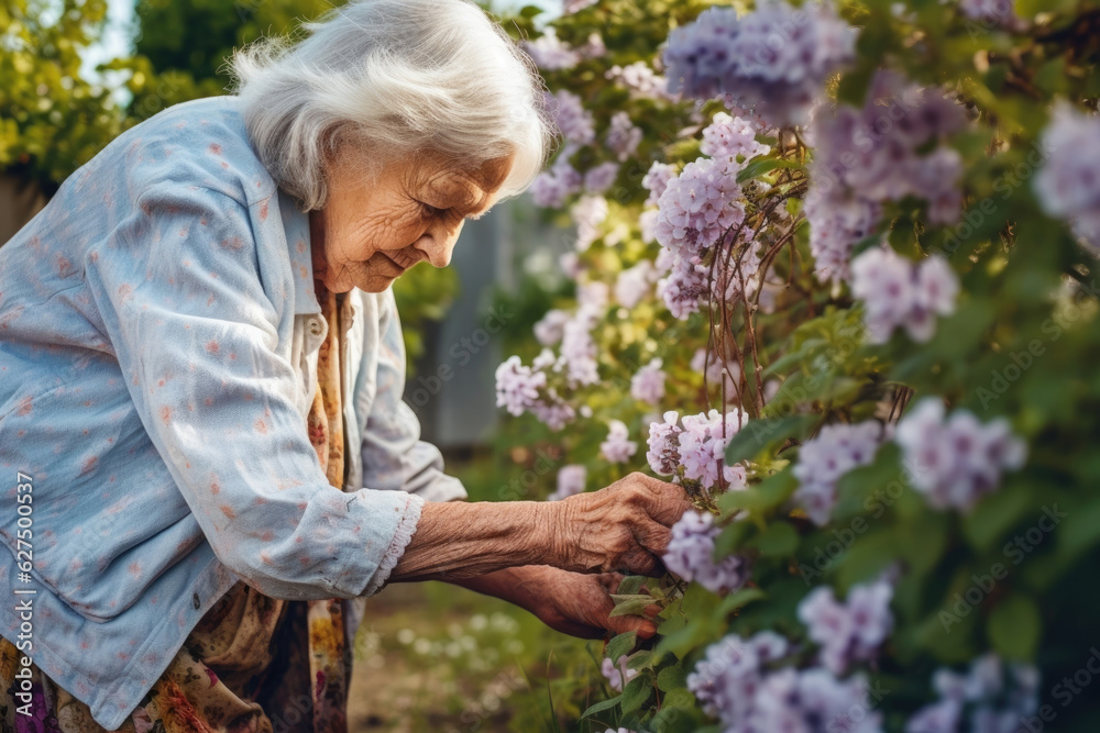A graceful elderly woman peacefully tending to a garden her frail hands delicately ensuring the flowers are nurtured A graceful elderly woman peacefully tending to a garden her frail hands delicately ensuring the flowers are nurtured