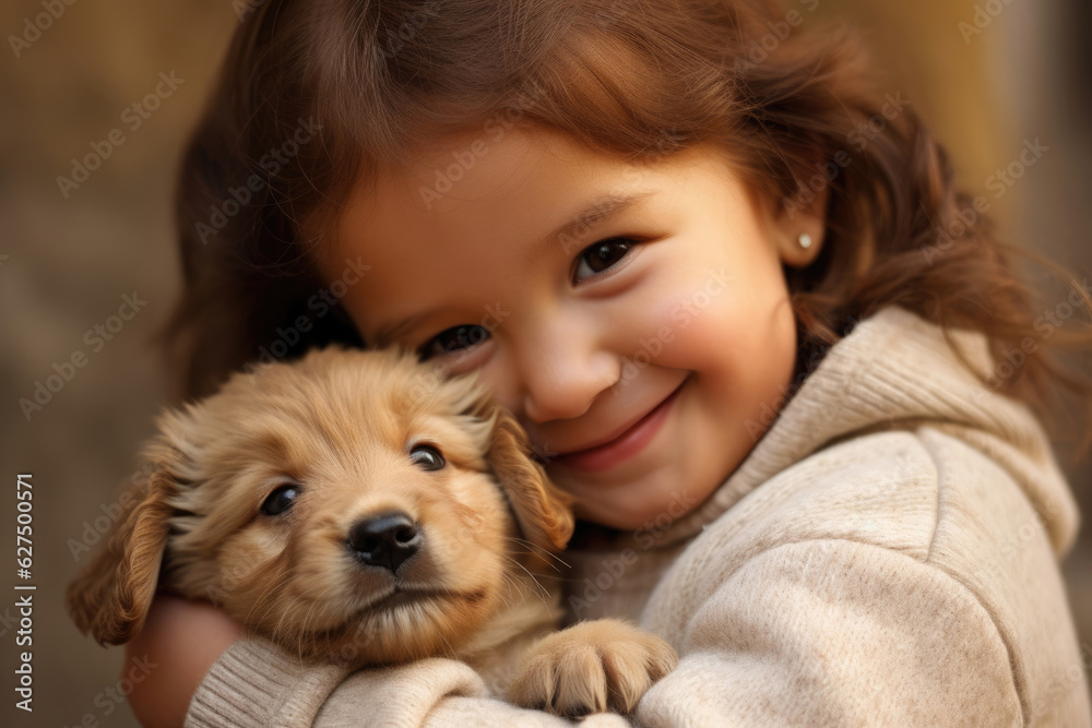 A little child nuzzled up close to a puppy both with matching smiles of joy A little child nuzzled up close to a puppy both with matching smiles of joy