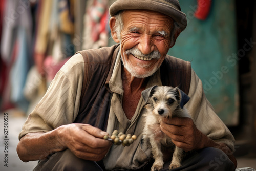 An influential elderly man smiles confidently as he squats down to greet a small puppy showing the powerful effect one person can .