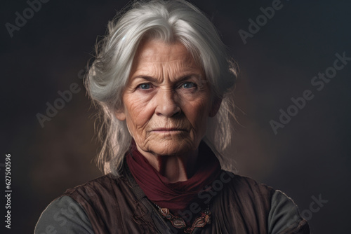 A confident elderly woman stands with arms folded across her chest her regal silver hair in a flattering bobstyle her eyes focused . © Justlight